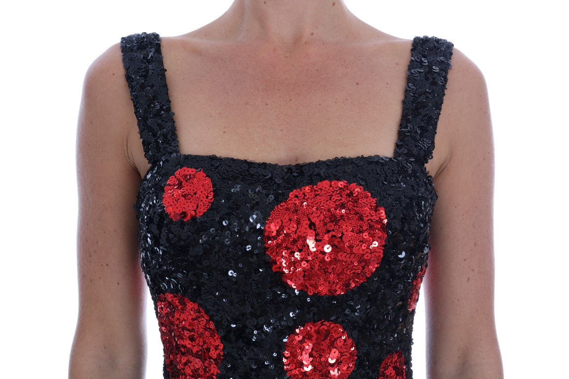 Dolce & Gabbana – Etuikleid mit Pailletten und schwarzen und roten Punkten