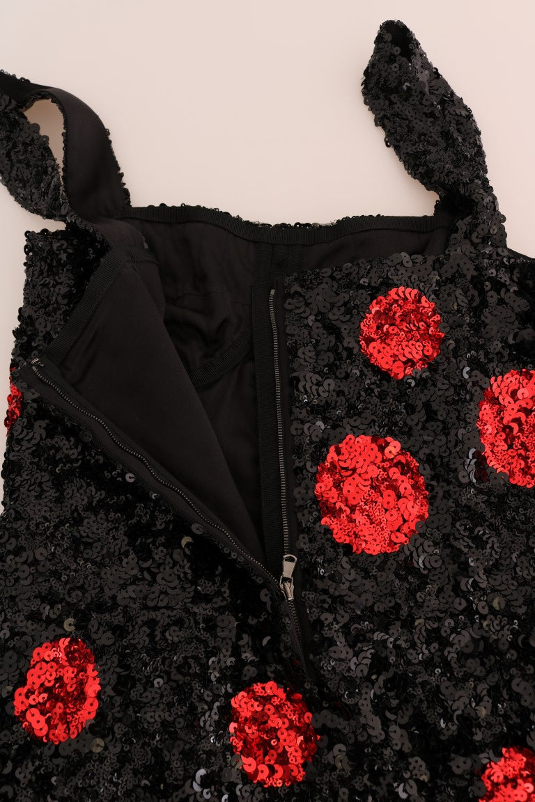 Dolce & Gabbana – Etuikleid mit Pailletten und schwarzen und roten Punkten