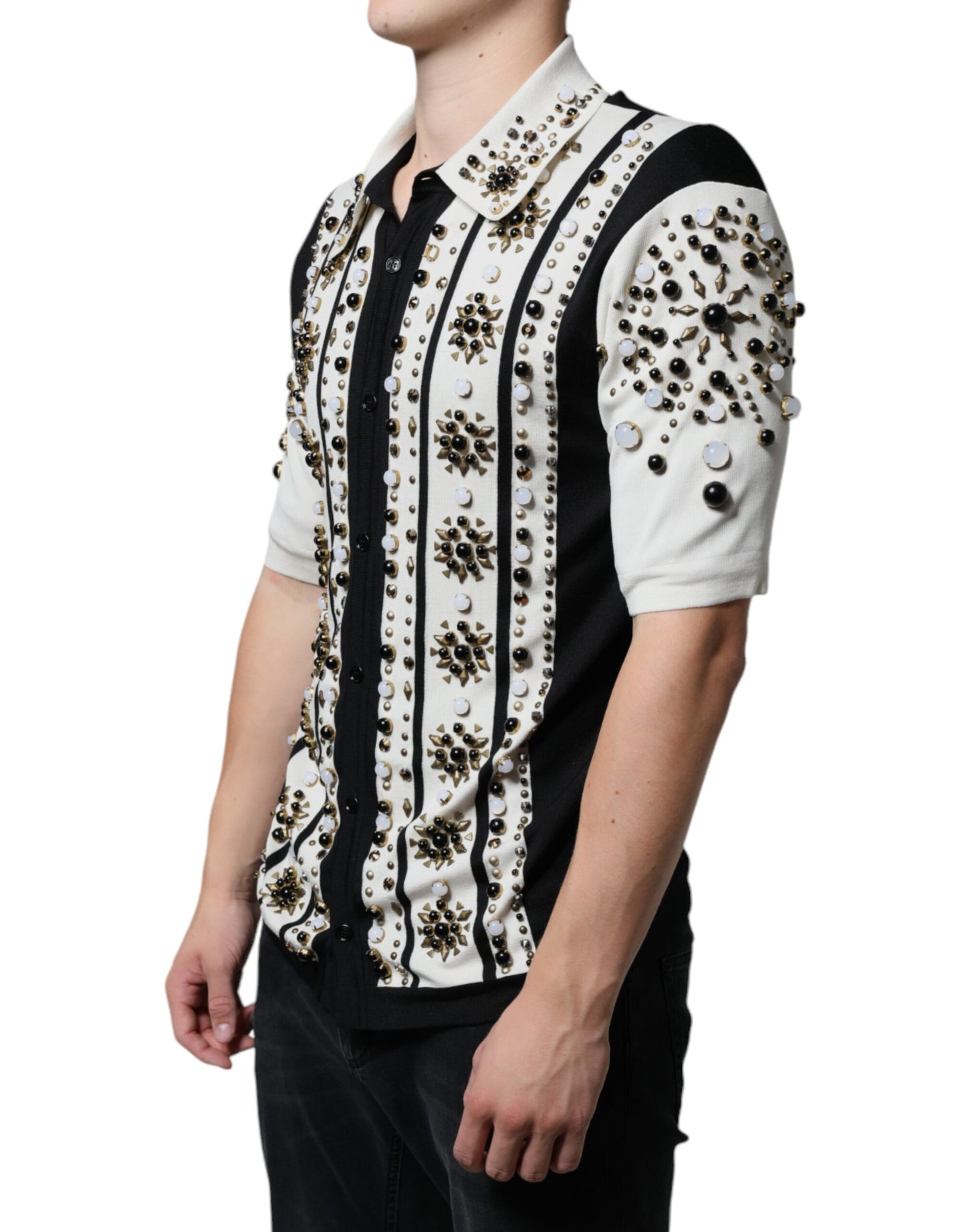 Dolce & Gabbana – Weißes, schwarzes Seidenhemd mit Stein- und Kristallbesatz