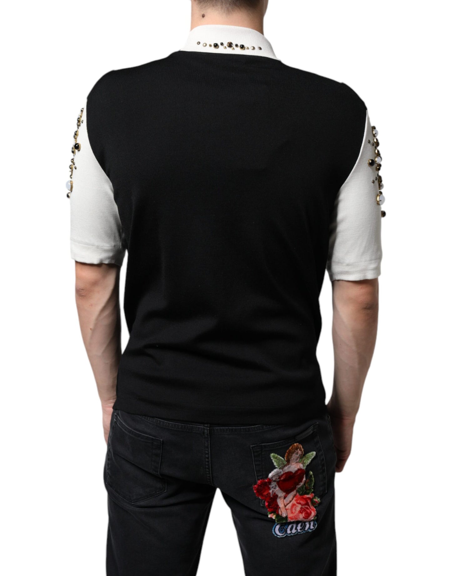 Dolce & Gabbana – Weißes, schwarzes Seidenhemd mit Stein- und Kristallbesatz