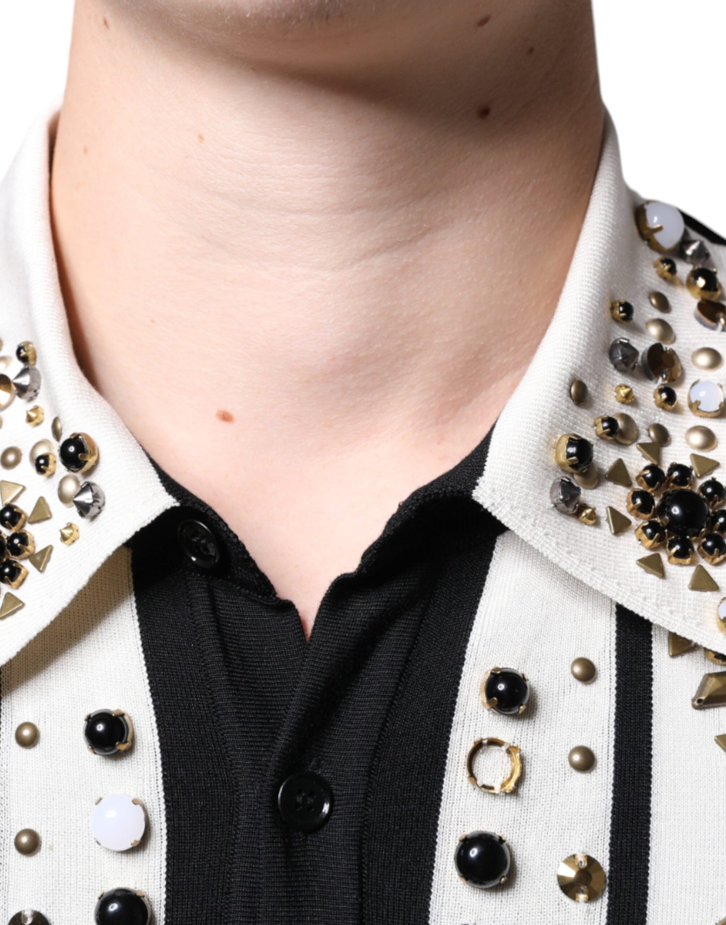Dolce & Gabbana – Weißes, schwarzes Seidenhemd mit Stein- und Kristallbesatz