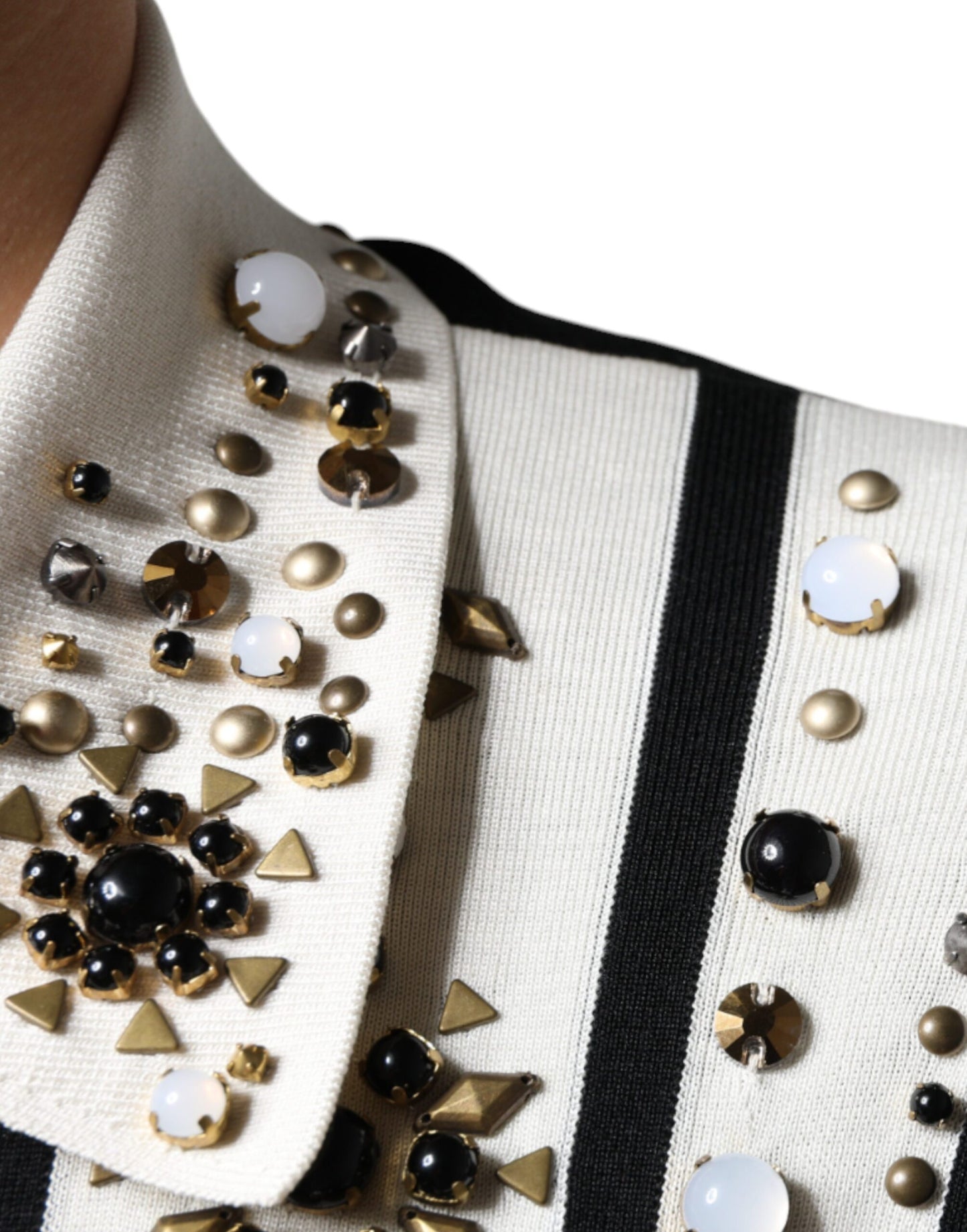 Dolce & Gabbana – Weißes, schwarzes Seidenhemd mit Stein- und Kristallbesatz