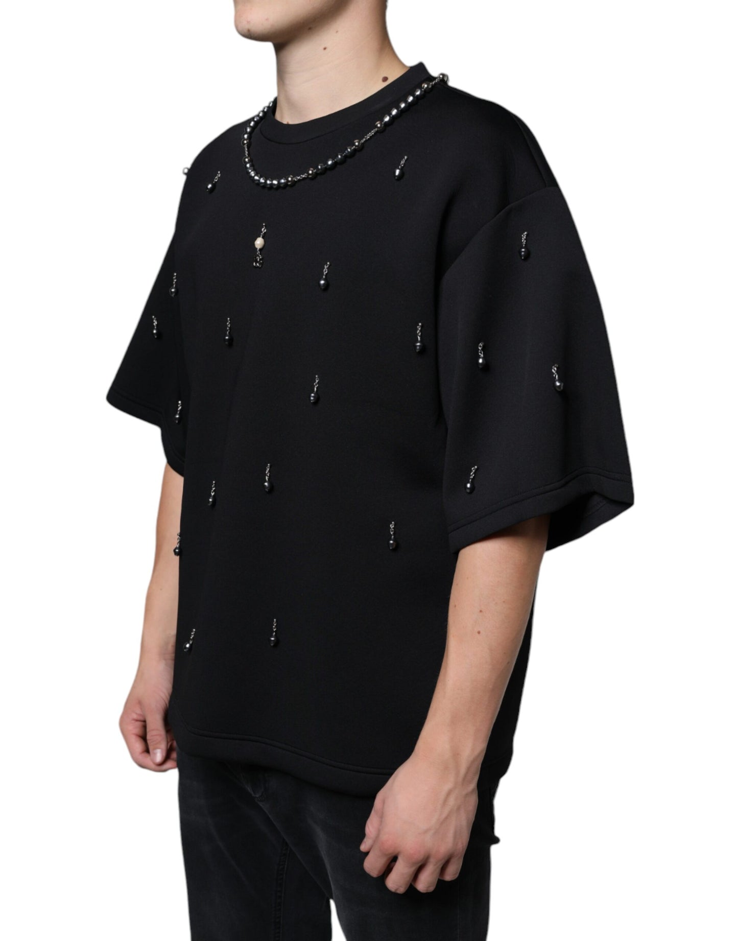 Dolce & Gabbana Schwarzes Polyester-T-Shirt mit Halskettenverzierung