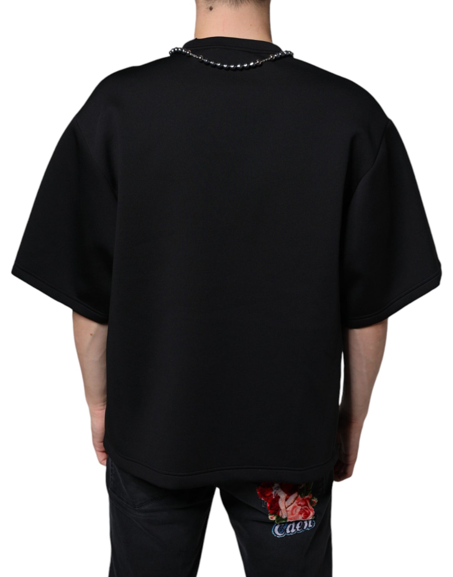 Dolce & Gabbana Schwarzes Polyester-T-Shirt mit Halskettenverzierung