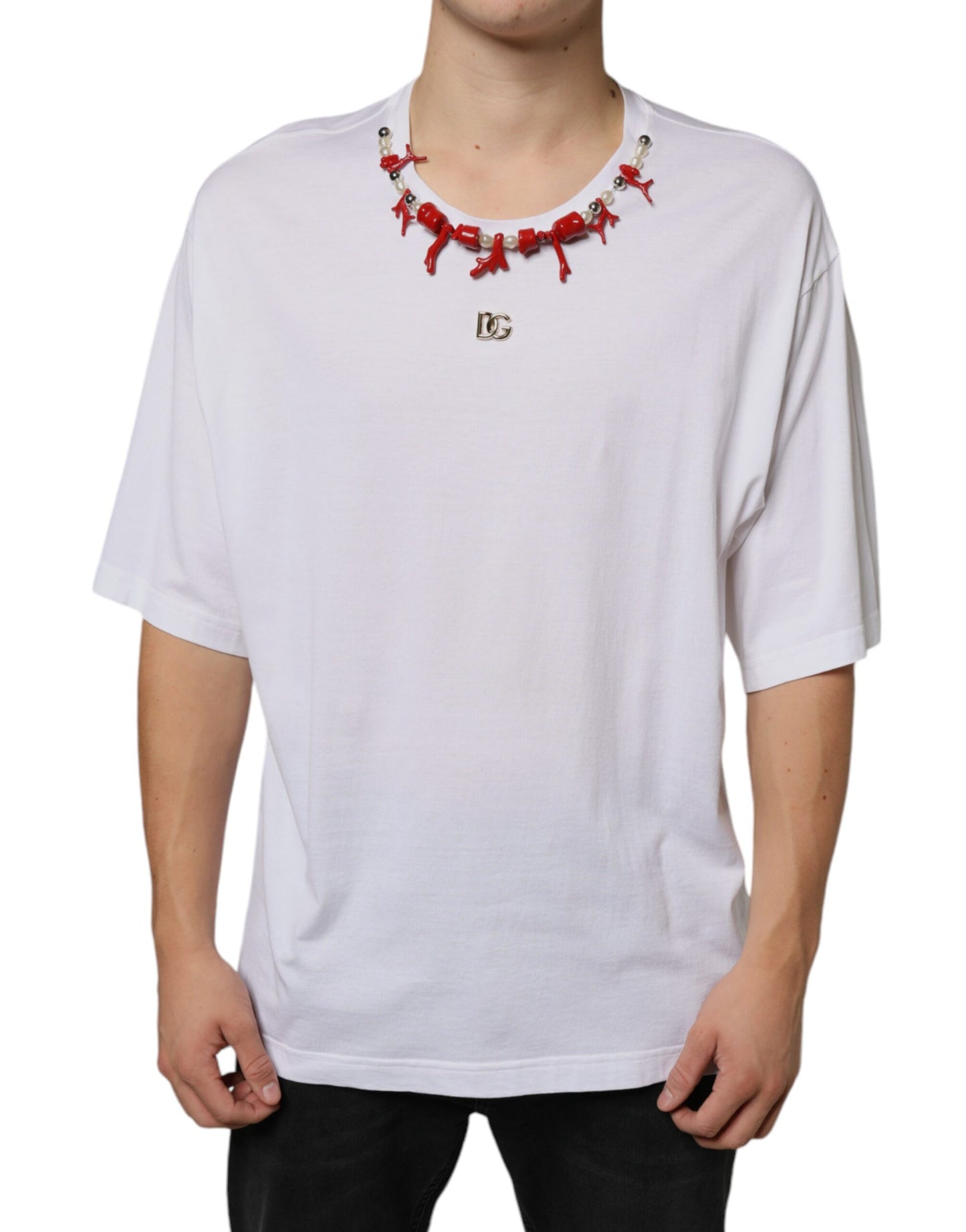 Dolce & Gabbana – Weißes Baumwoll-T-Shirt mit Halskettenverzierung