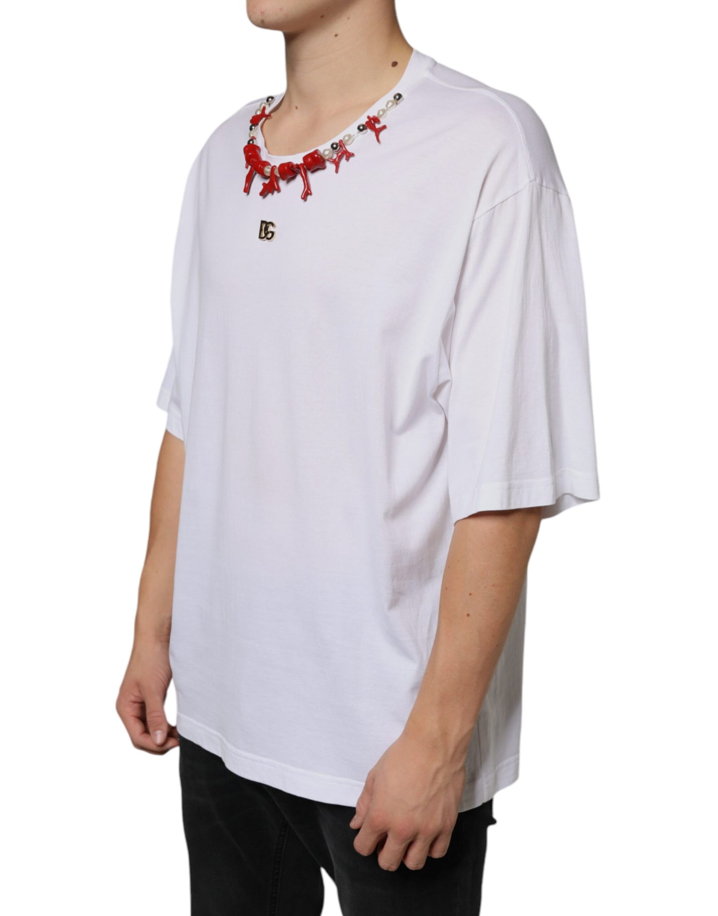 Dolce & Gabbana – Weißes Baumwoll-T-Shirt mit Halskettenverzierung