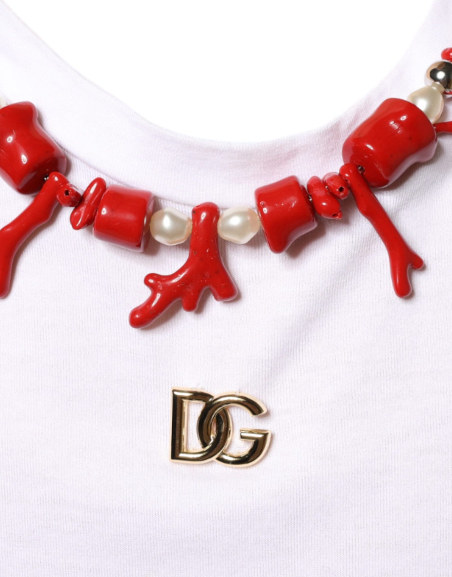 Dolce & Gabbana – Weißes Baumwoll-T-Shirt mit Halskettenverzierung