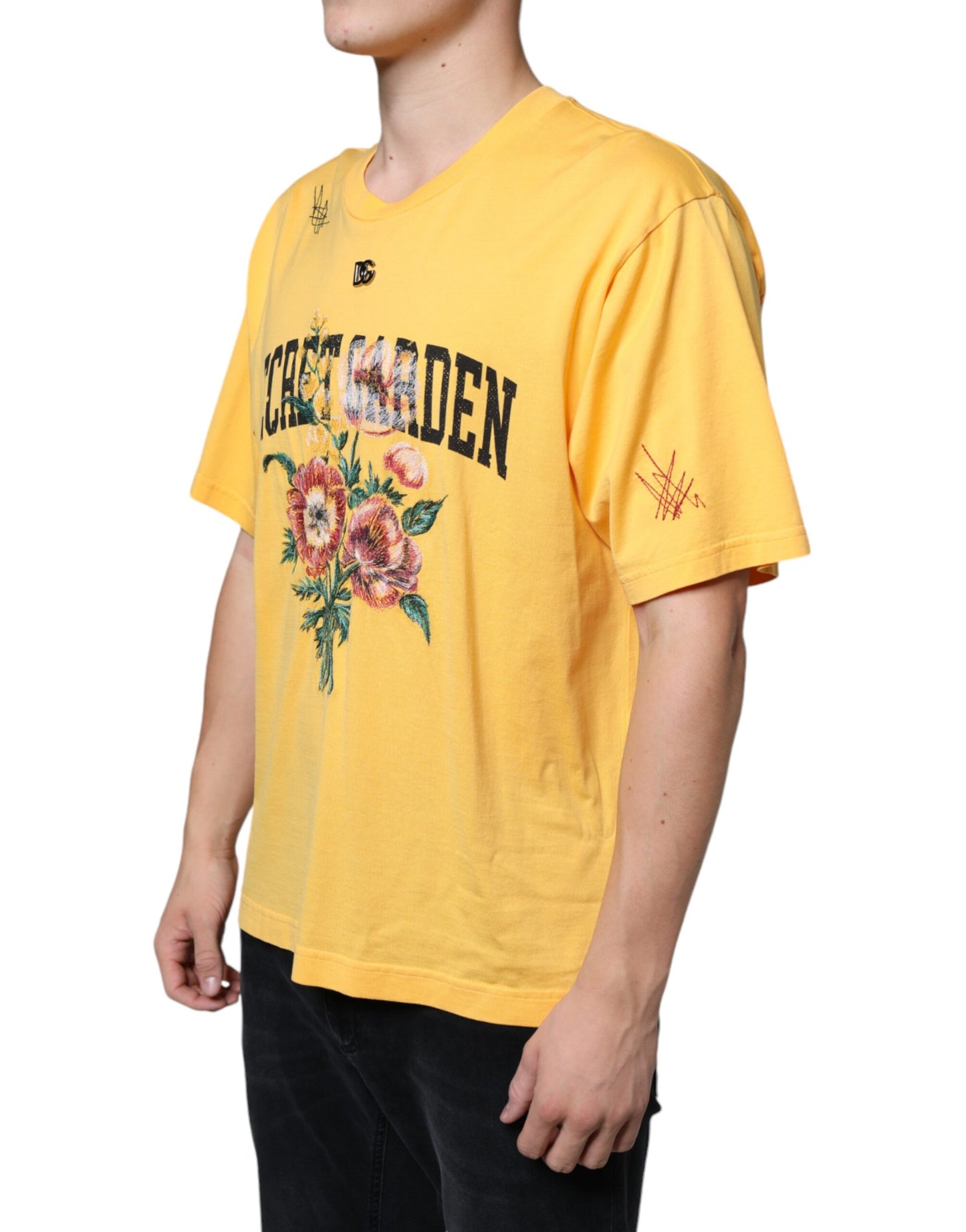 Dolce & Gabbana Gelbes T-Shirt mit Rundhalsausschnitt aus Baumwolle mit Blumenmuster „Secret Graden“