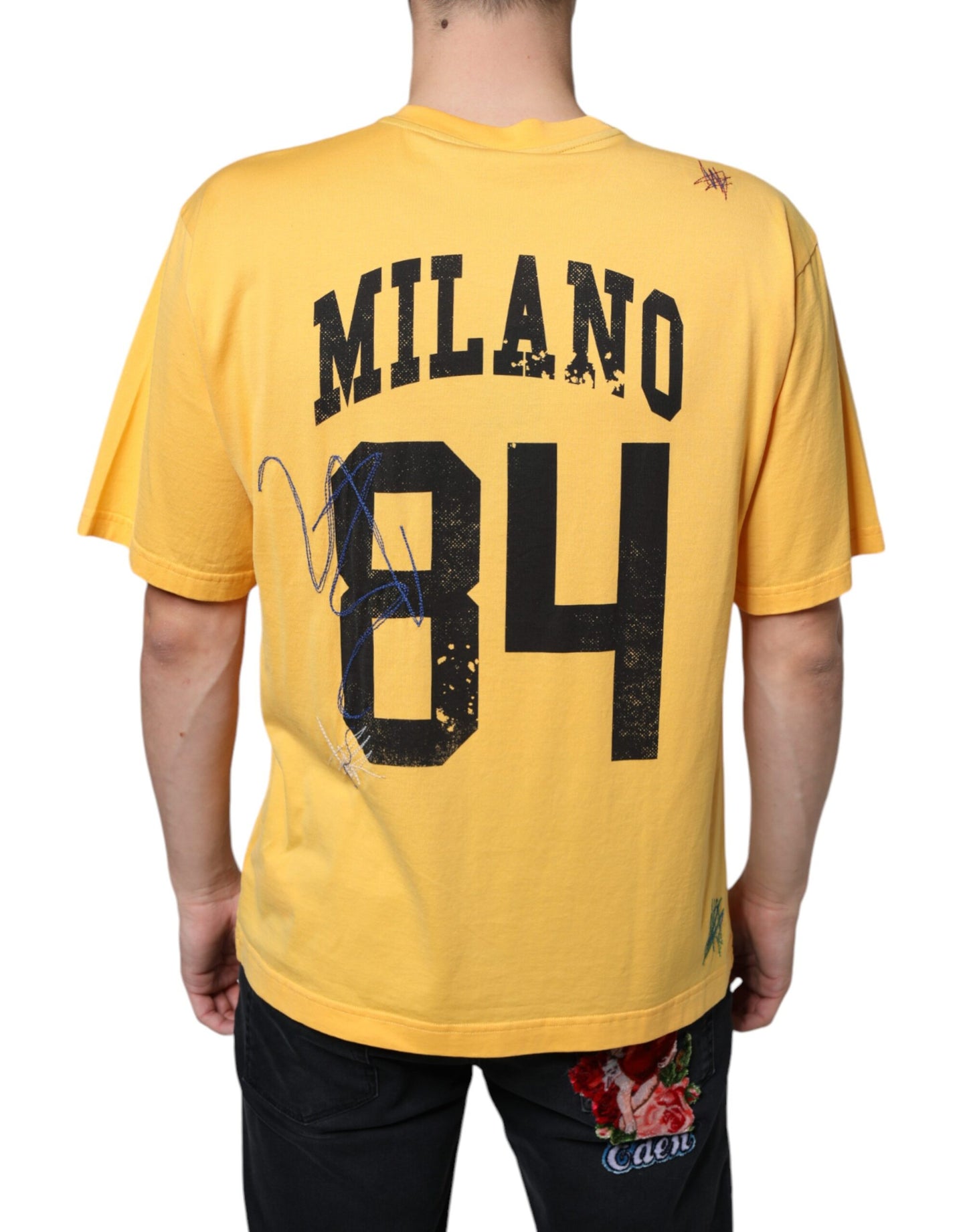 Dolce & Gabbana Gelbes T-Shirt mit Rundhalsausschnitt aus Baumwolle mit Blumenmuster „Secret Graden“