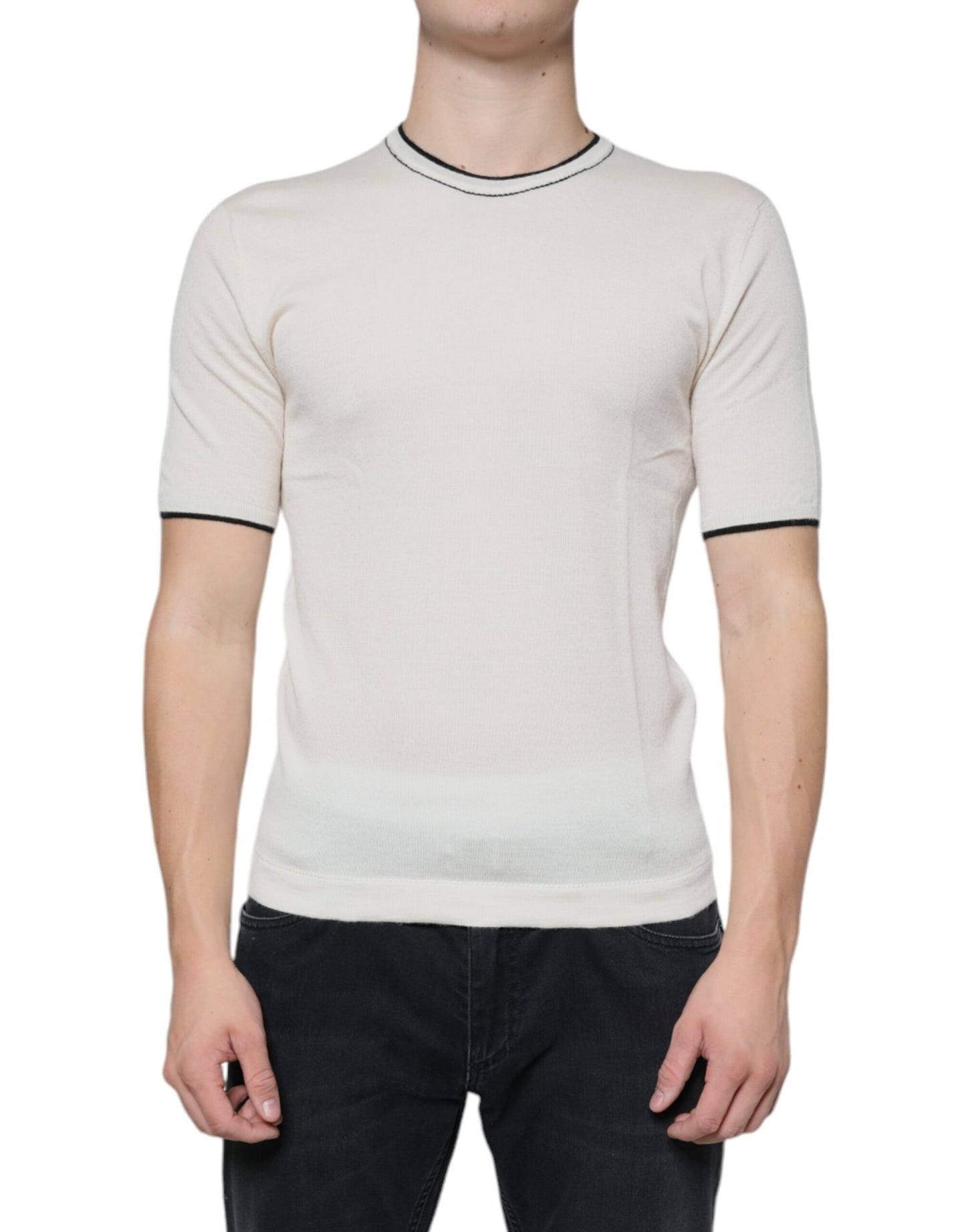 Dolce & Gabbana – Kurzärmliges T-Shirt aus cremefarbenem Kaschmir