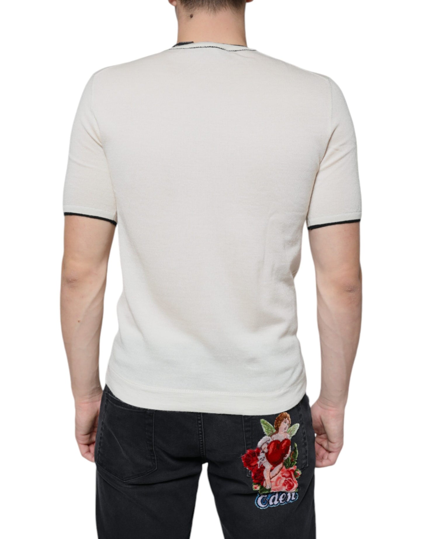 Dolce & Gabbana – Kurzärmliges T-Shirt aus cremefarbenem Kaschmir