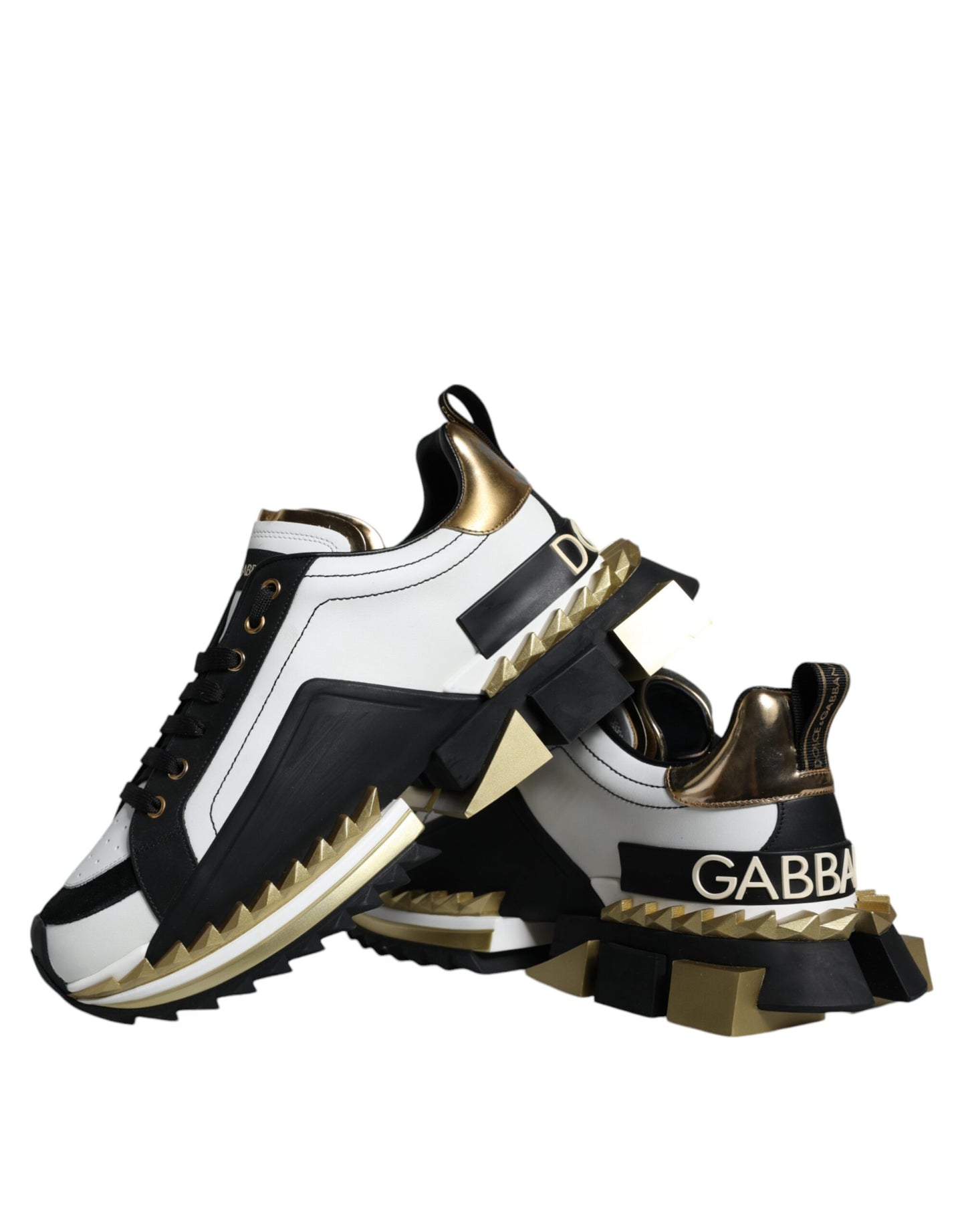 Dolce & Gabbana Weißgold Schwarz Leder SUPER KING Sneakers Schuhe