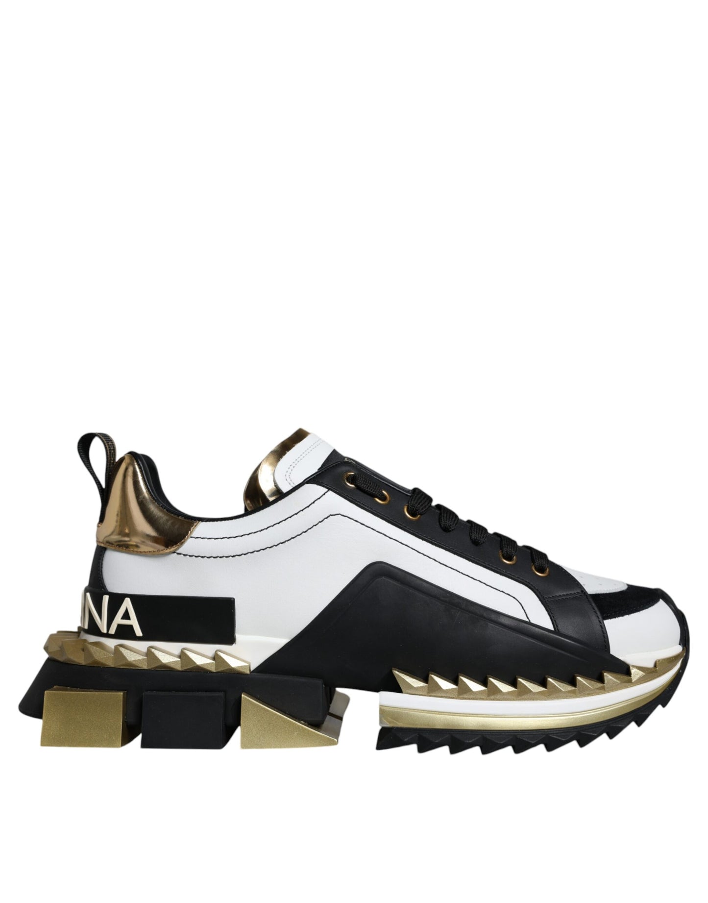 Dolce & Gabbana Weißgold Schwarz Leder SUPER KING Sneakers Schuhe