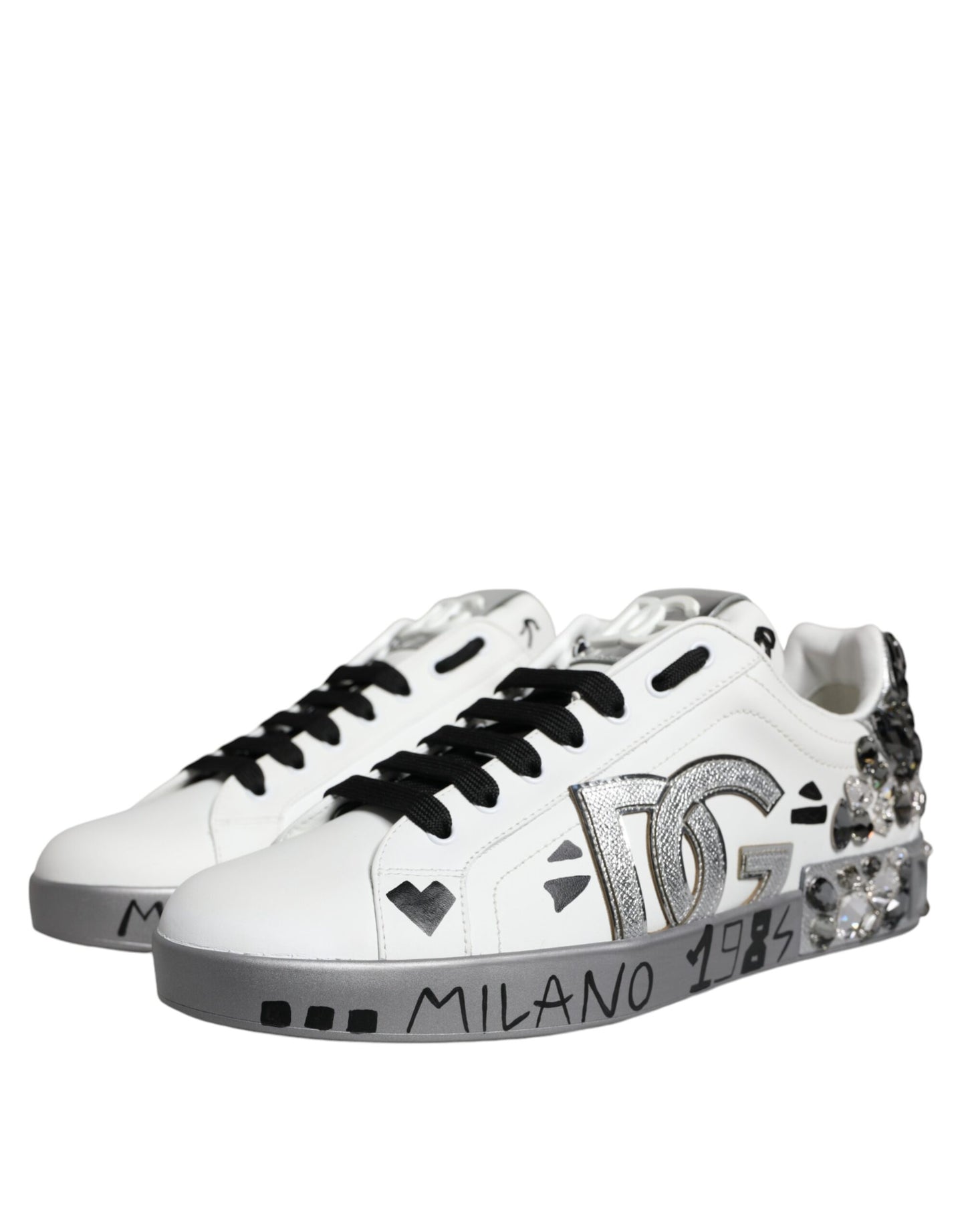 Dolce & Gabbana – Portofino-Sneakers mit Kristall-Logo in Weiß und Silber