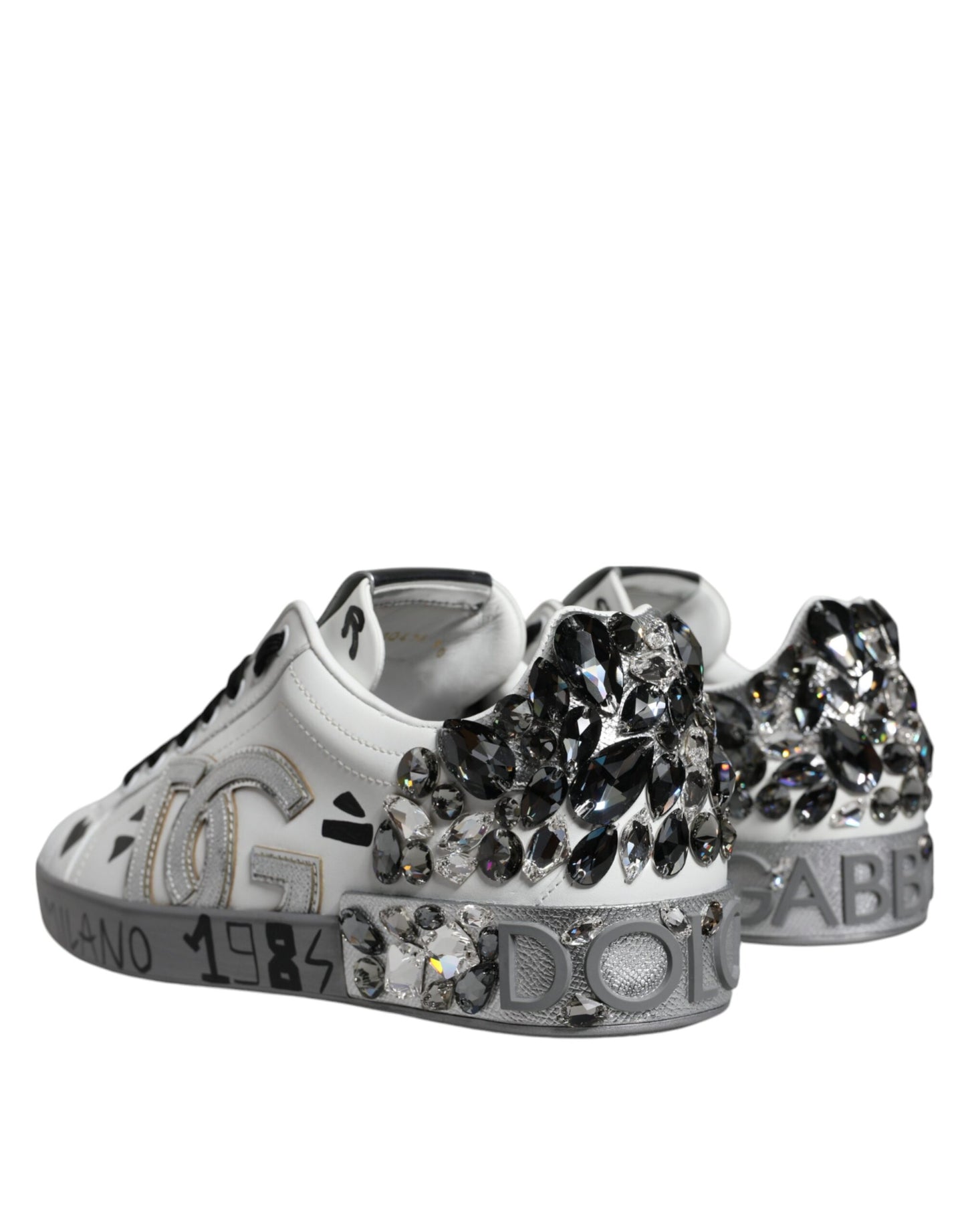 Dolce & Gabbana – Portofino-Sneakers mit Kristall-Logo in Weiß und Silber