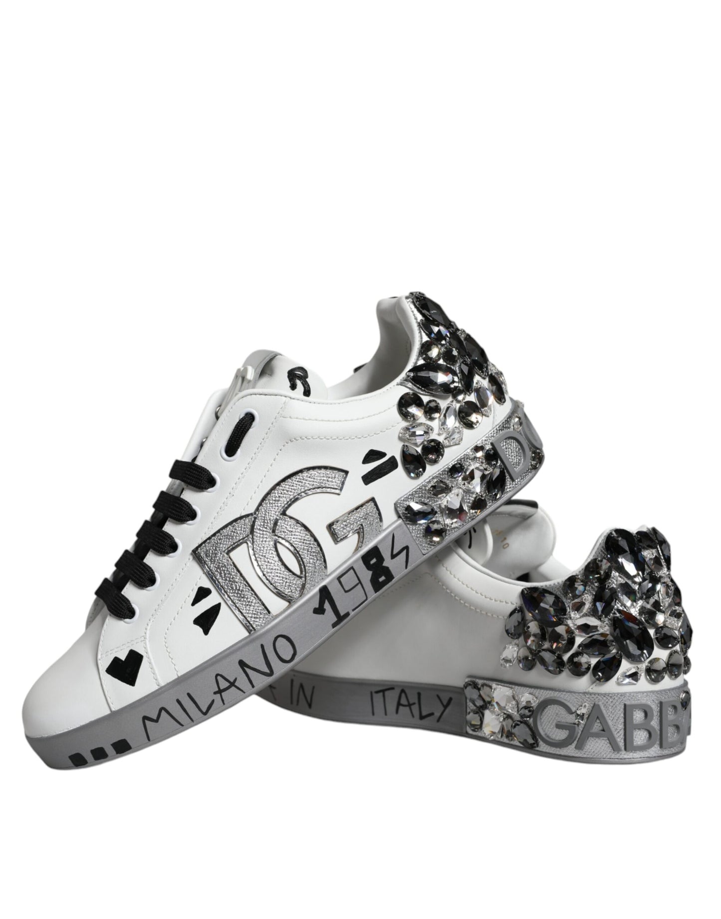 Dolce & Gabbana – Portofino-Sneakers mit Kristall-Logo in Weiß und Silber