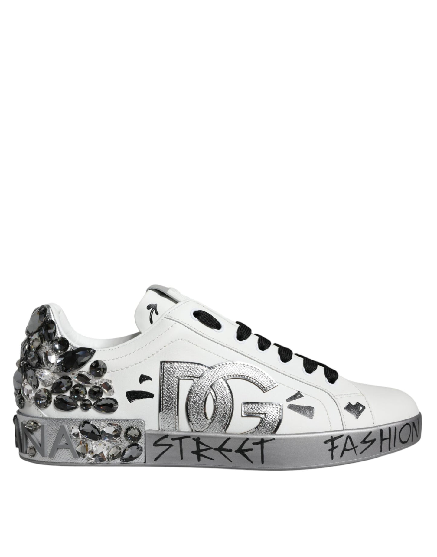 Dolce & Gabbana – Portofino-Sneakers mit Kristall-Logo in Weiß und Silber