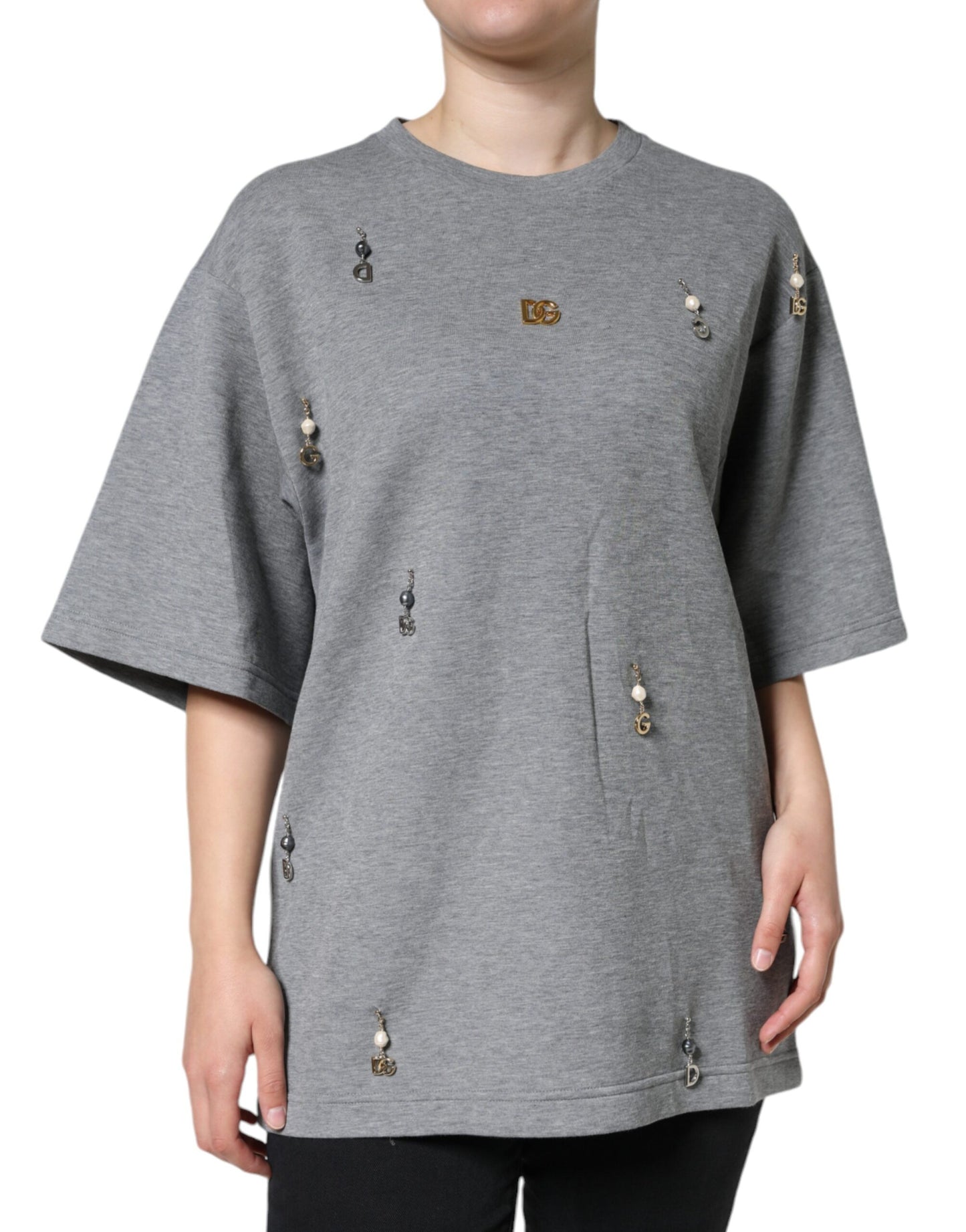 Dolce & Gabbana – T-Shirt aus grauer Baumwollmischung mit Verzierung