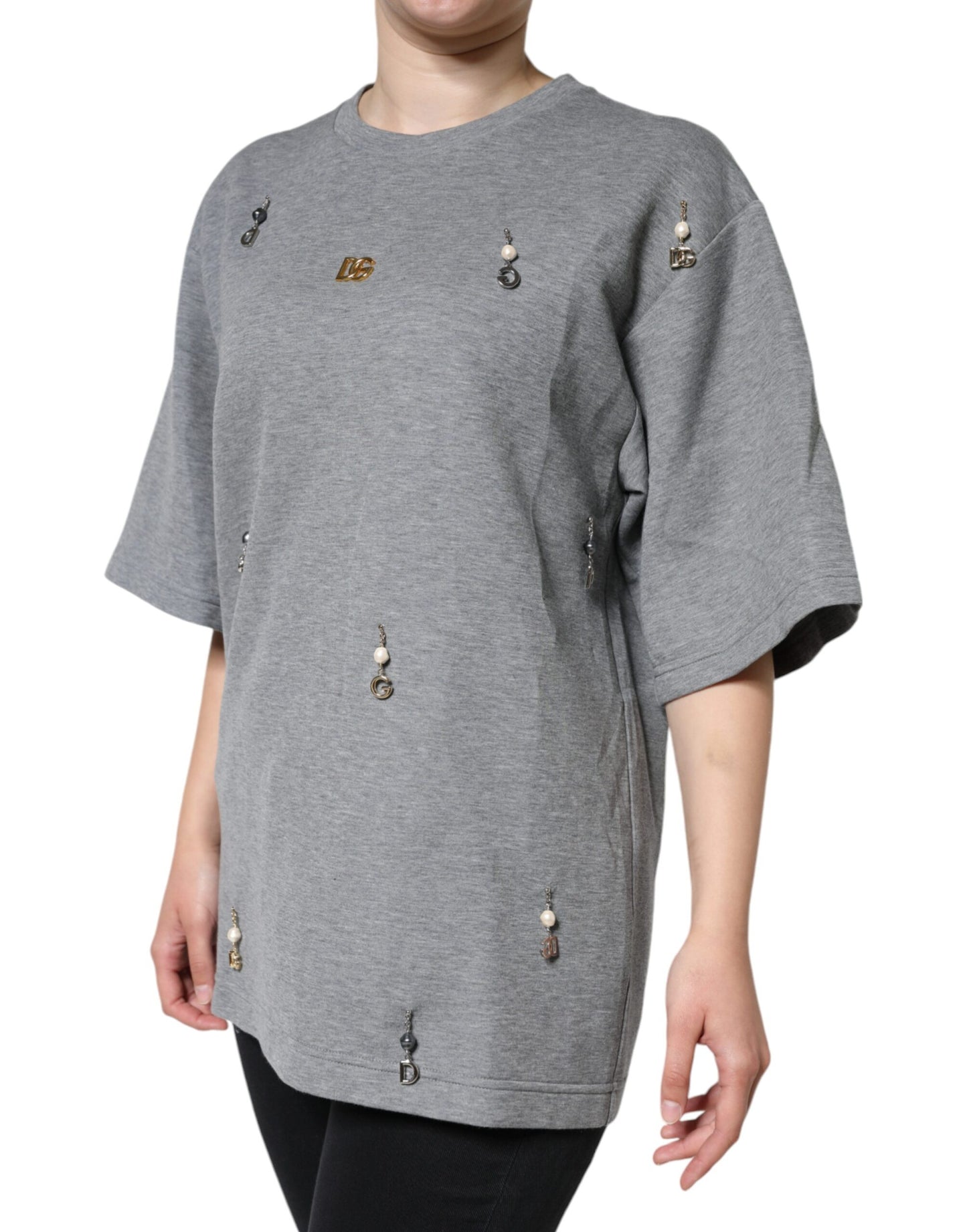 Dolce & Gabbana – T-Shirt aus grauer Baumwollmischung mit Verzierung