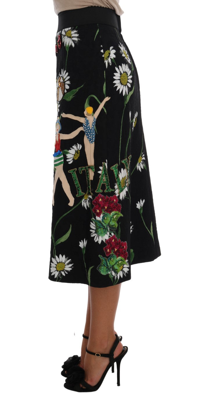 Dolce & Gabbana – Schwarzer, verzierter Brokatrock mit Gänseblümchenmuster