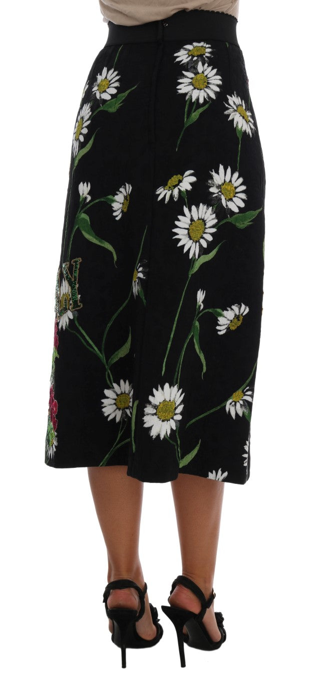 Dolce & Gabbana – Schwarzer, verzierter Brokatrock mit Gänseblümchenmuster