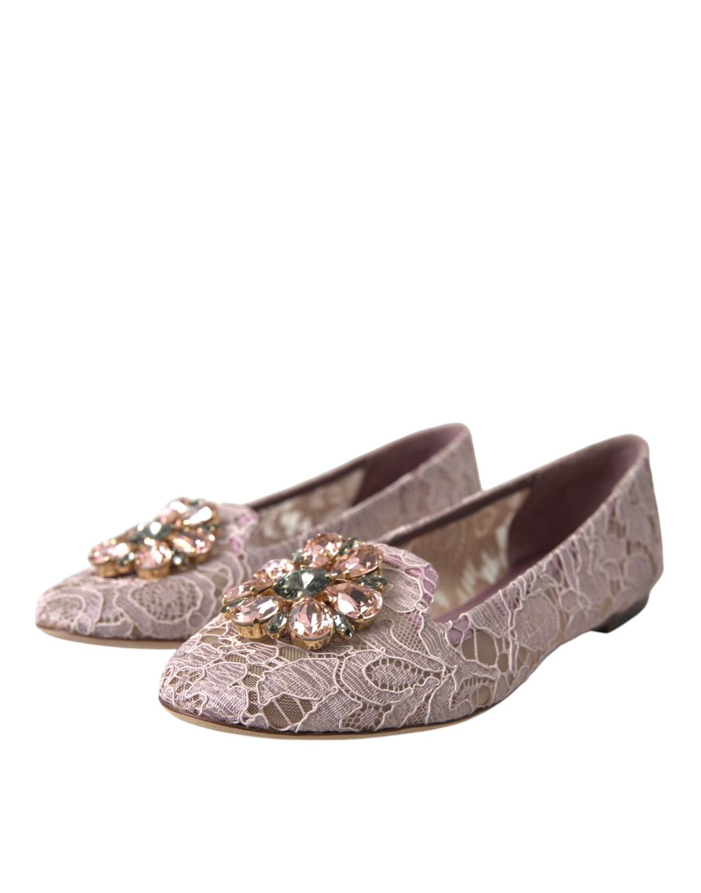 Dolce & Gabbana Rosa Spitze Kristall Ballerinas Loafer Schuhe