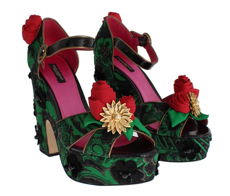 Dolce & Gabbana Grüne Brokat-Schlangenleder-Rosen-Kristallschuhe