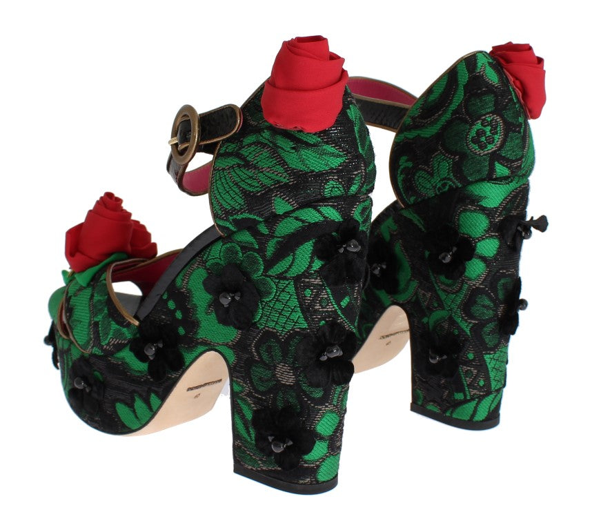 Dolce & Gabbana Grüne Brokat-Schlangenleder-Rosen-Kristallschuhe
