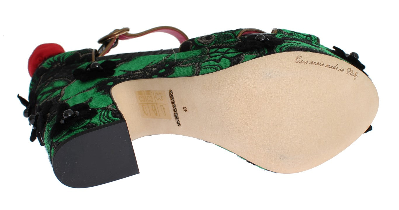 Dolce & Gabbana Grüne Brokat-Schlangenleder-Rosen-Kristallschuhe