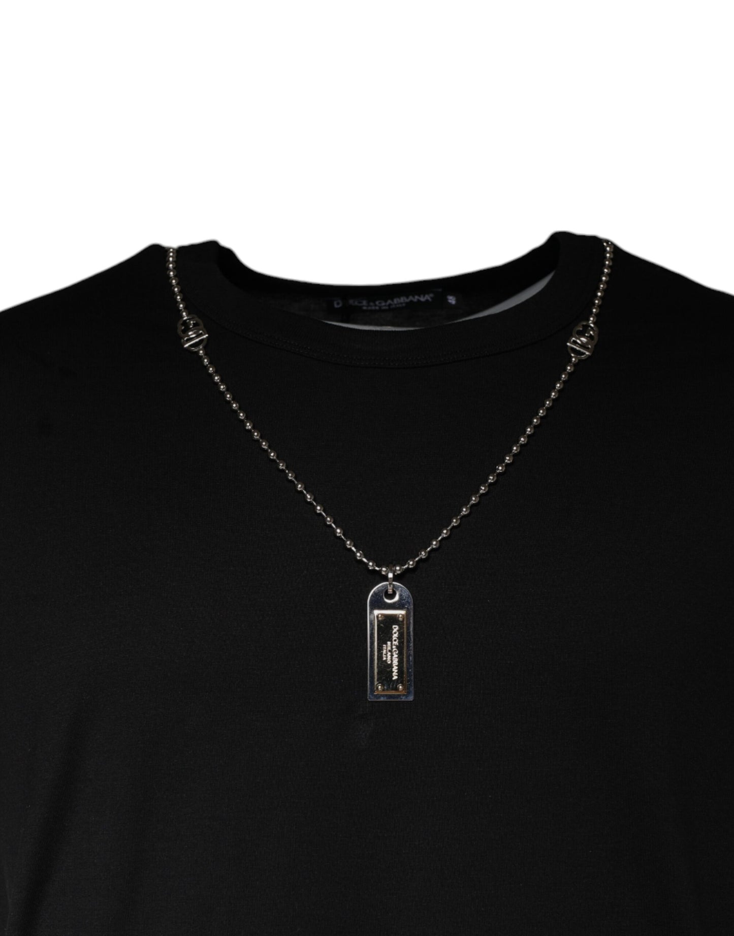 Dolce & Gabbana Schwarzes Baumwoll-T-Shirt mit Halskettenverzierung