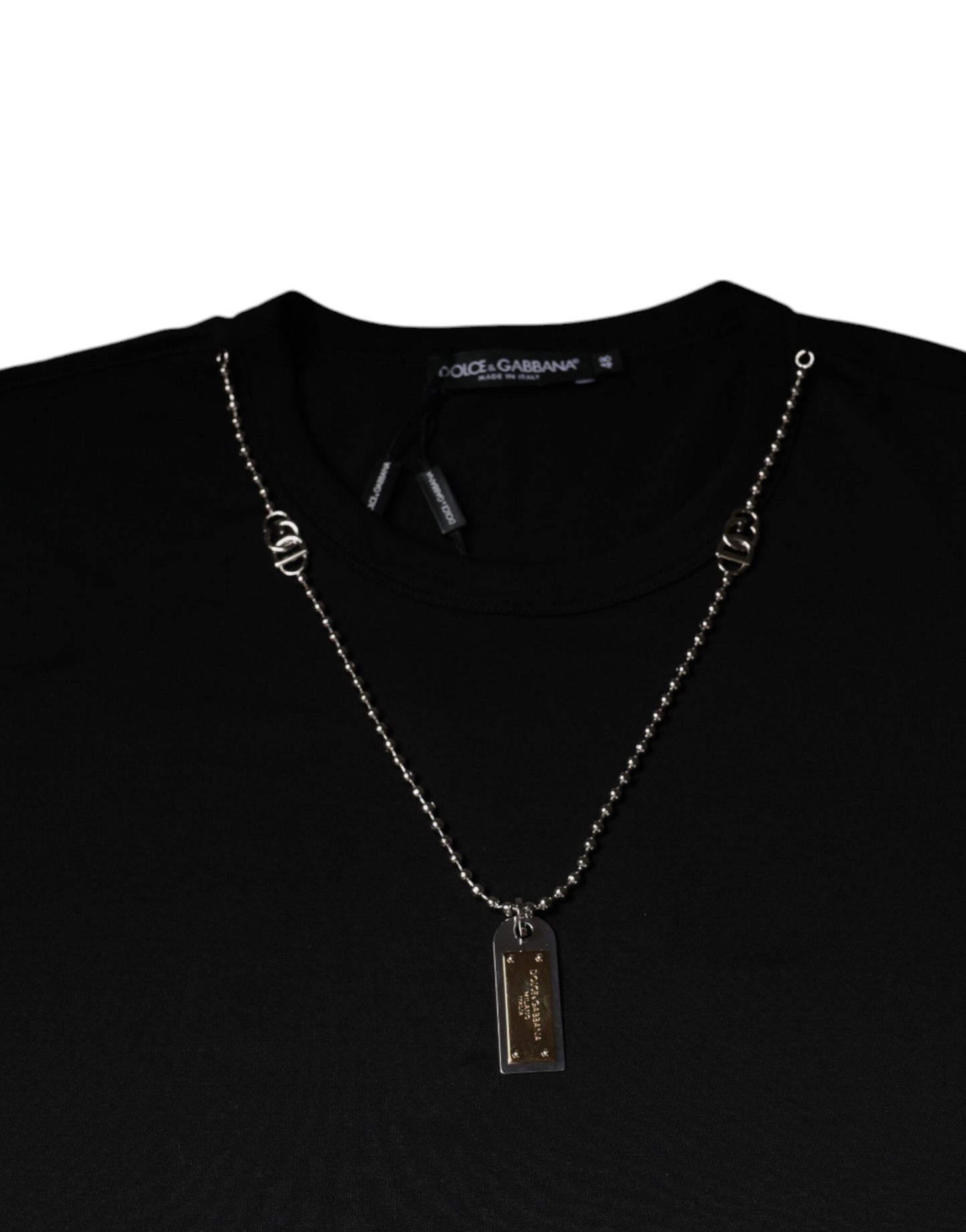 Dolce & Gabbana Schwarzes Baumwoll-T-Shirt mit Halskettenverzierung