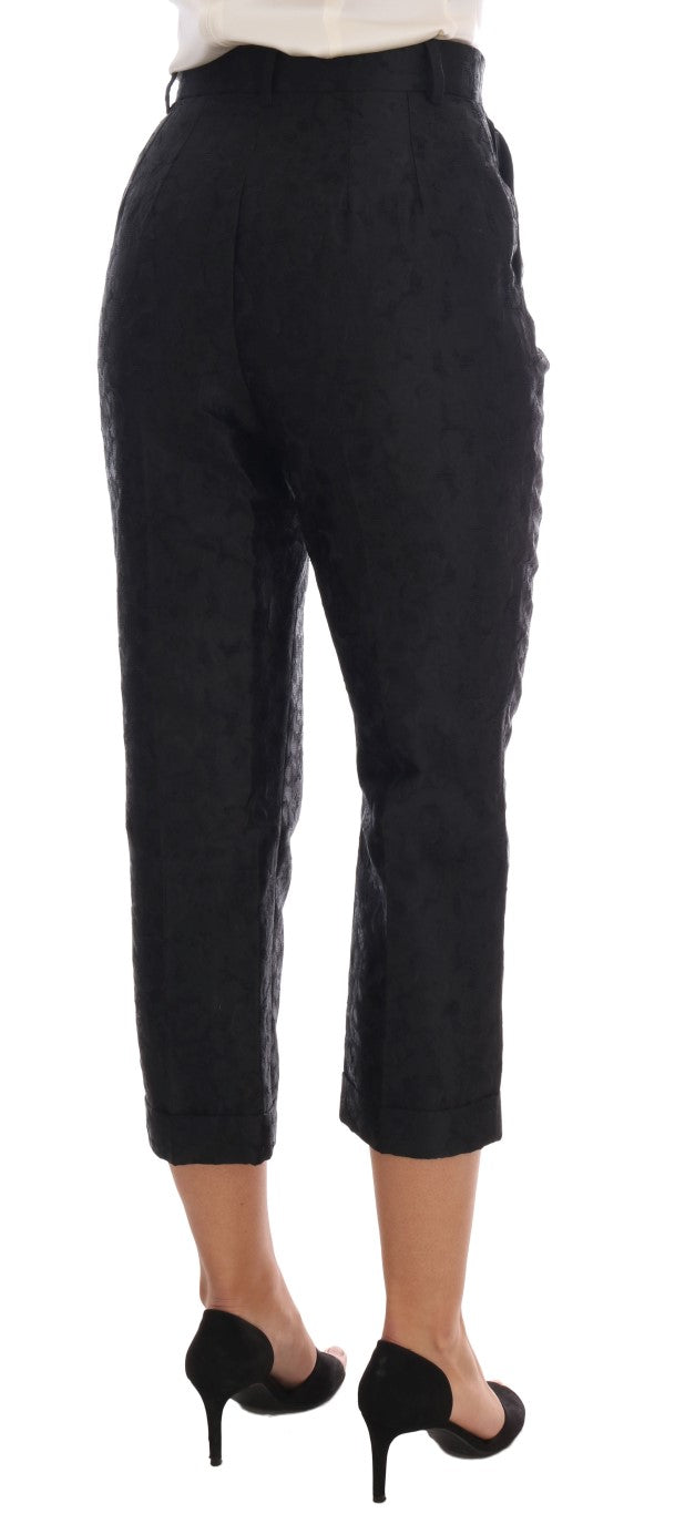 Dolce & Gabbana – Schwarze Caprihose aus geblümtem Brokat