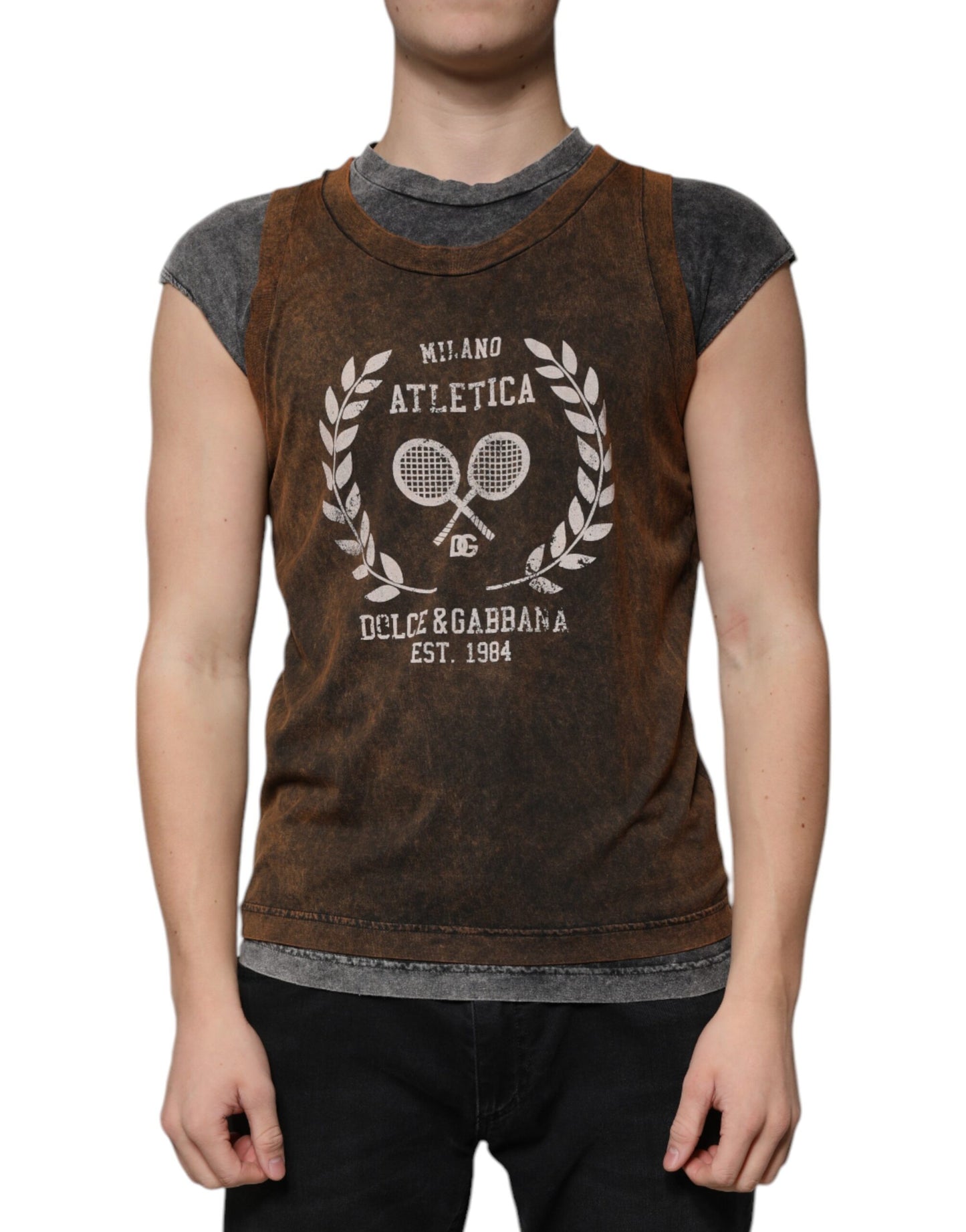 Dolce & Gabbana – Ärmelloses T-Shirt aus brauner Baumwolle mit Rundhalsausschnitt