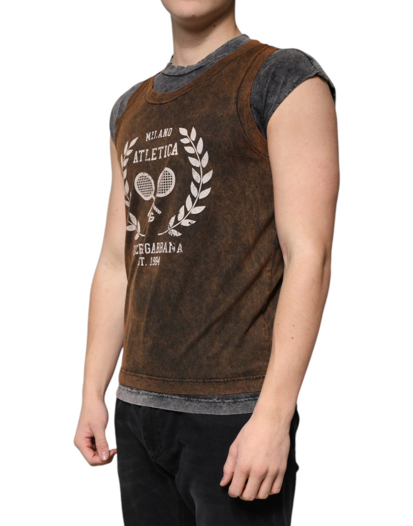 Dolce & Gabbana – Ärmelloses T-Shirt aus brauner Baumwolle mit Rundhalsausschnitt