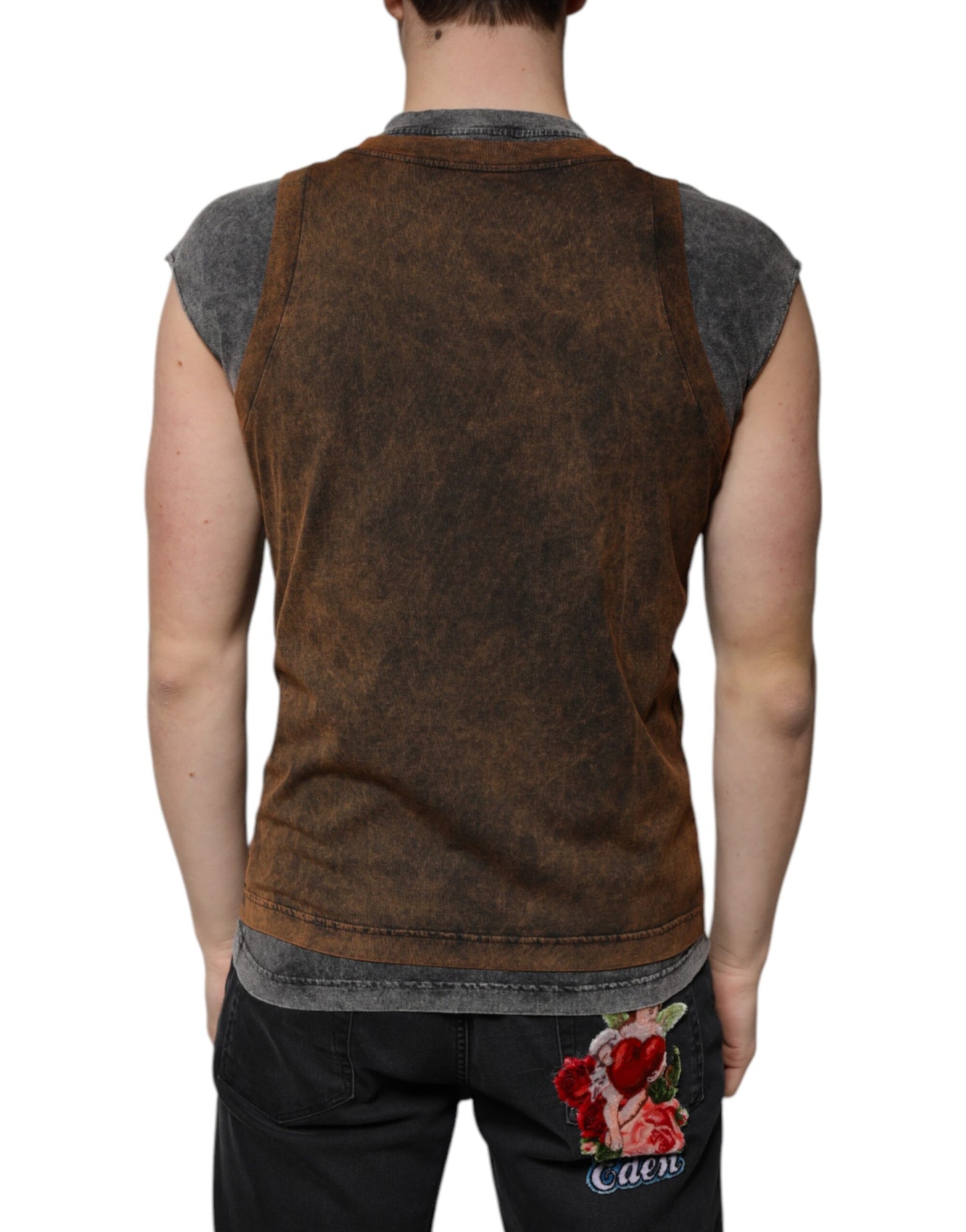 Dolce & Gabbana – Ärmelloses T-Shirt aus brauner Baumwolle mit Rundhalsausschnitt