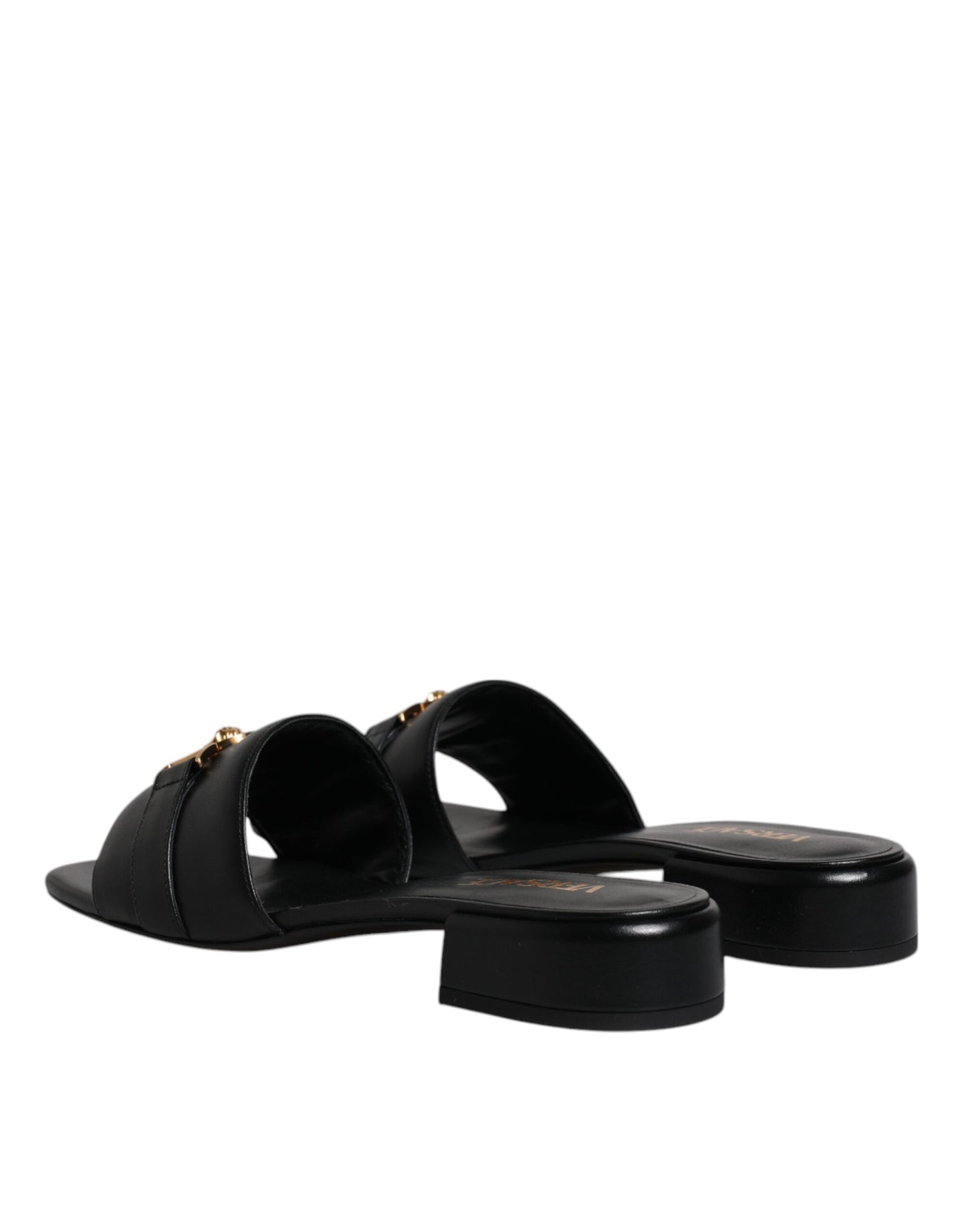Versace – Schwarze Slipper aus Leder mit Logo-Schild