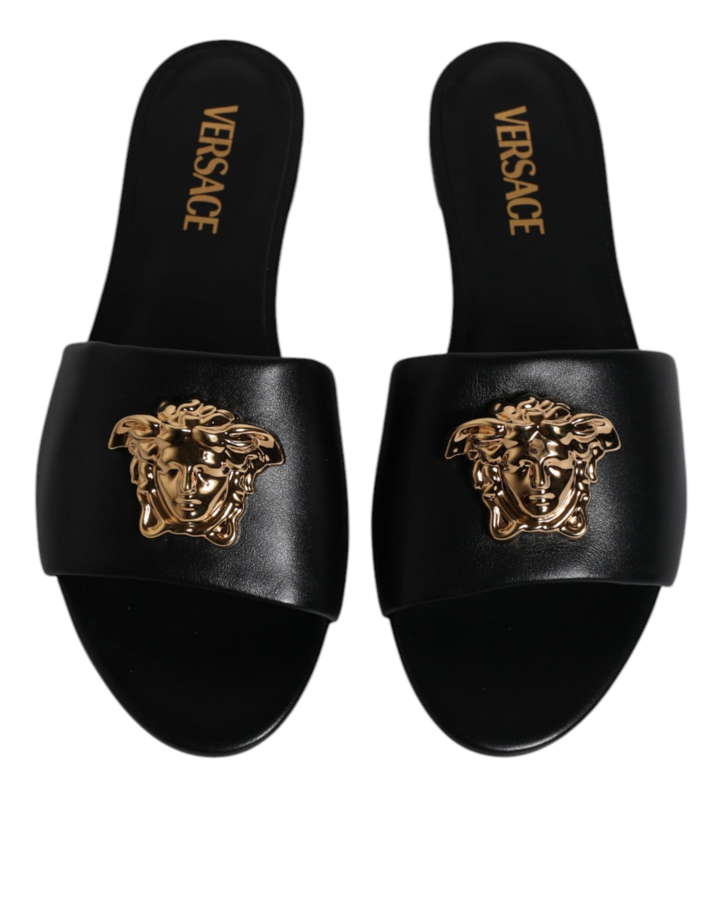 Versace – Schwarze Slipper aus Leder mit Logo-Schild
