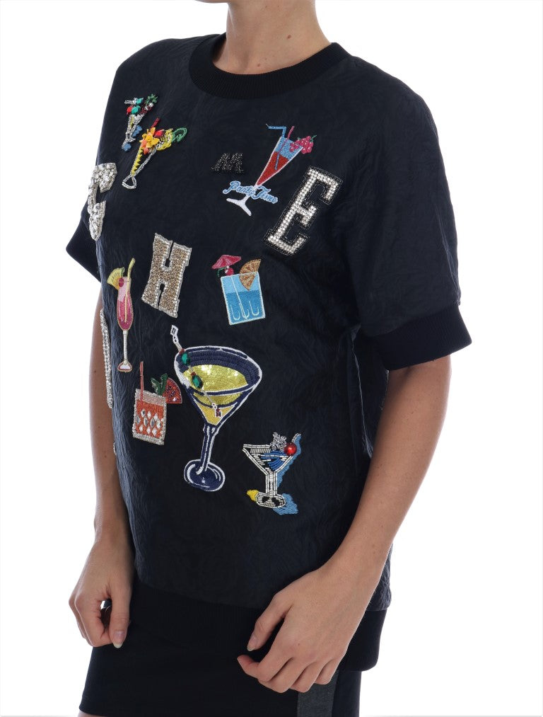 Dolce & Gabbana – Schwarzer Brokat-Cocktailpullover mit Kristallen