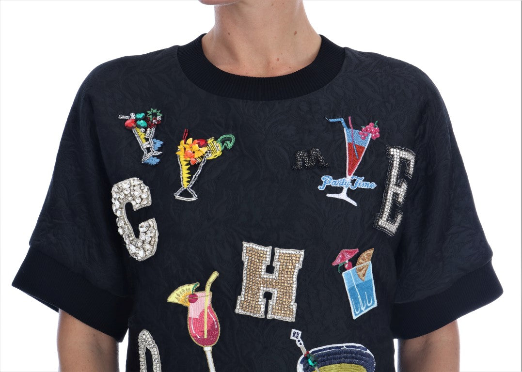 Dolce & Gabbana – Schwarzer Brokat-Cocktailpullover mit Kristallen