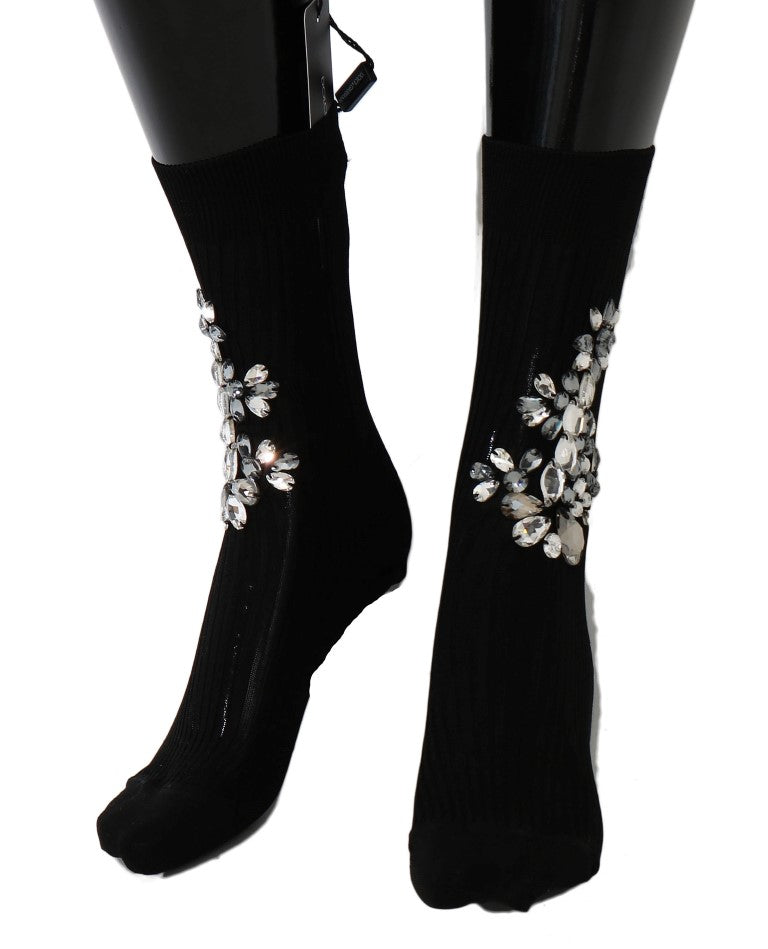 Dolce & Gabbana Schwarze gestrickte Socken mit Blumenmuster und durchsichtigem Kristall