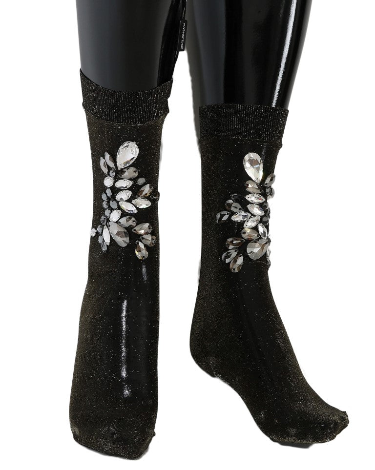 Dolce & Gabbana – Schwarze Stretch-Socken mit Blumenmuster und durchsichtigem Kristall