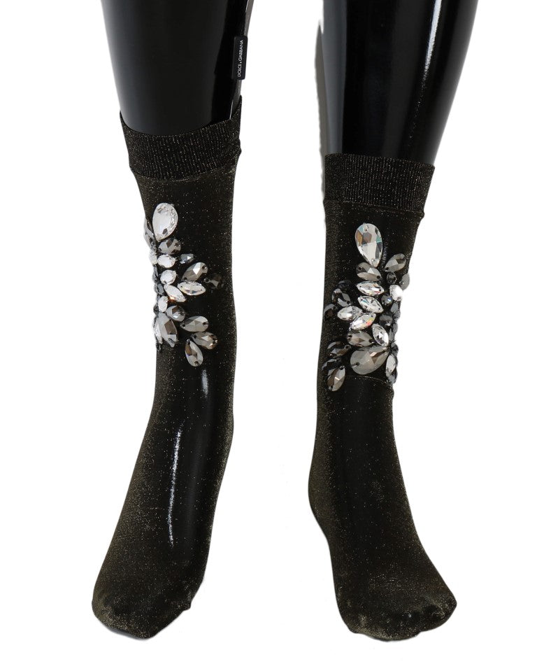 Dolce & Gabbana – Schwarze Stretch-Socken mit Blumenmuster und durchsichtigem Kristall