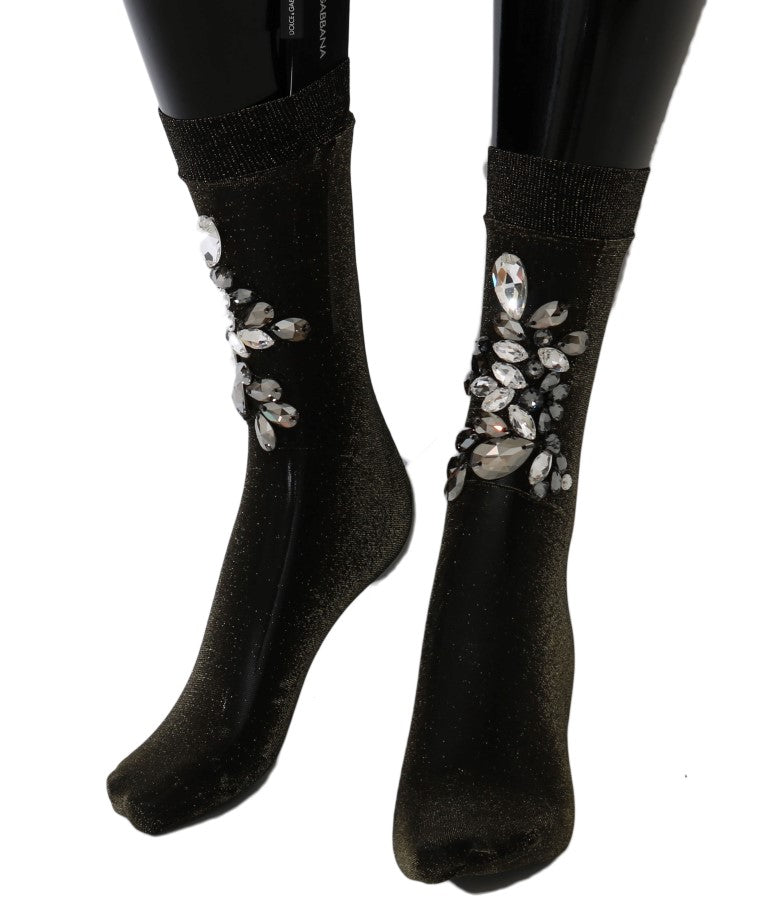 Dolce & Gabbana – Schwarze Stretch-Socken mit Blumenmuster und durchsichtigem Kristall