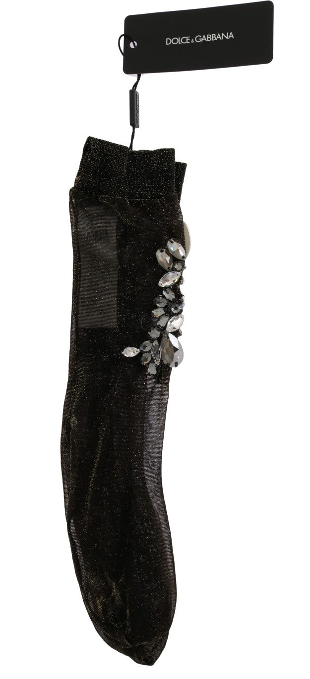 Dolce & Gabbana – Schwarze Stretch-Socken mit Blumenmuster und durchsichtigem Kristall