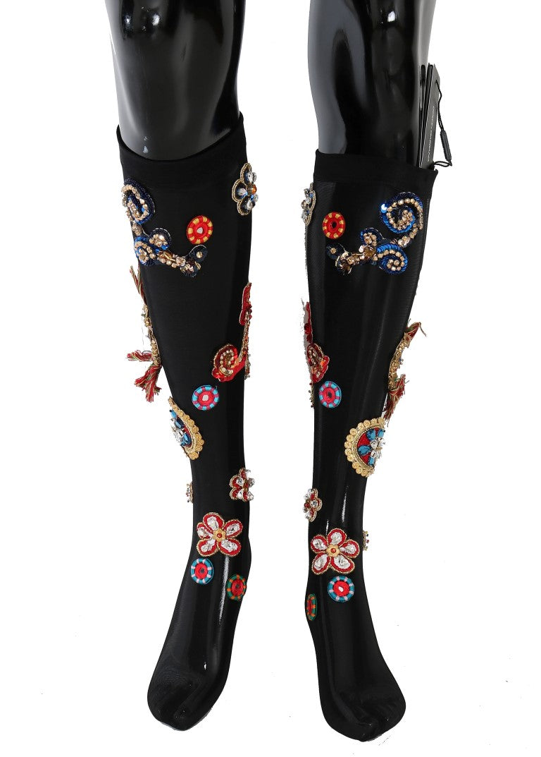 Dolce & Gabbana – Schwarze Stretch-Carretto-Socken mit Kristallen