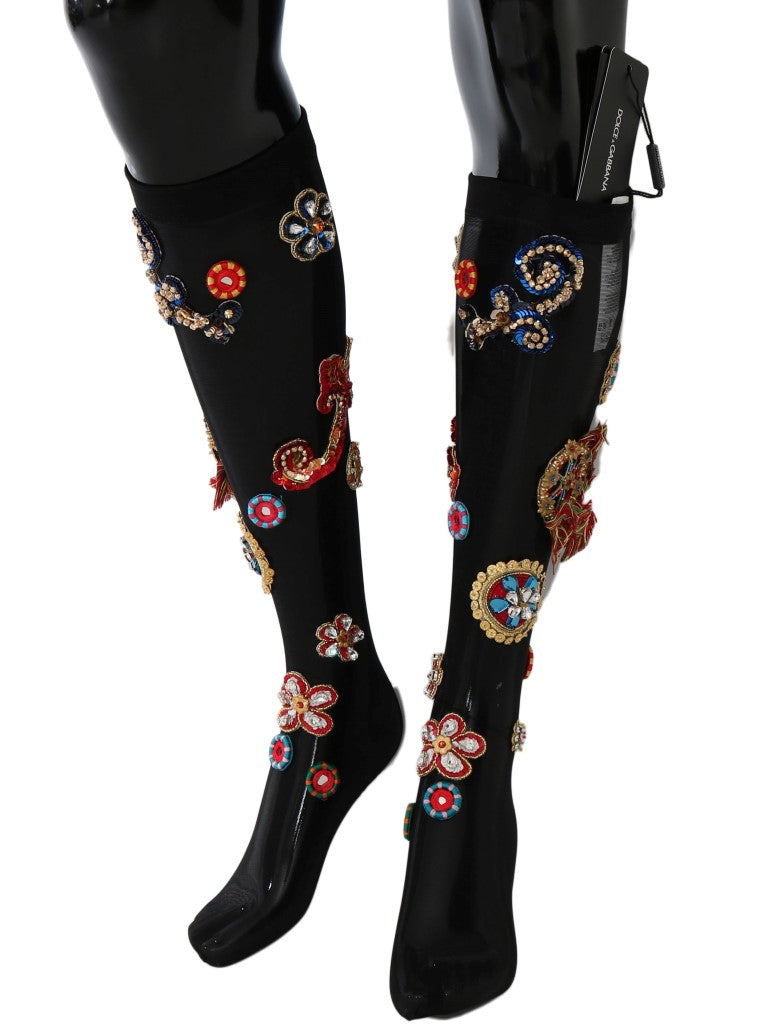 Dolce & Gabbana – Schwarze Stretch-Carretto-Socken mit Kristallen