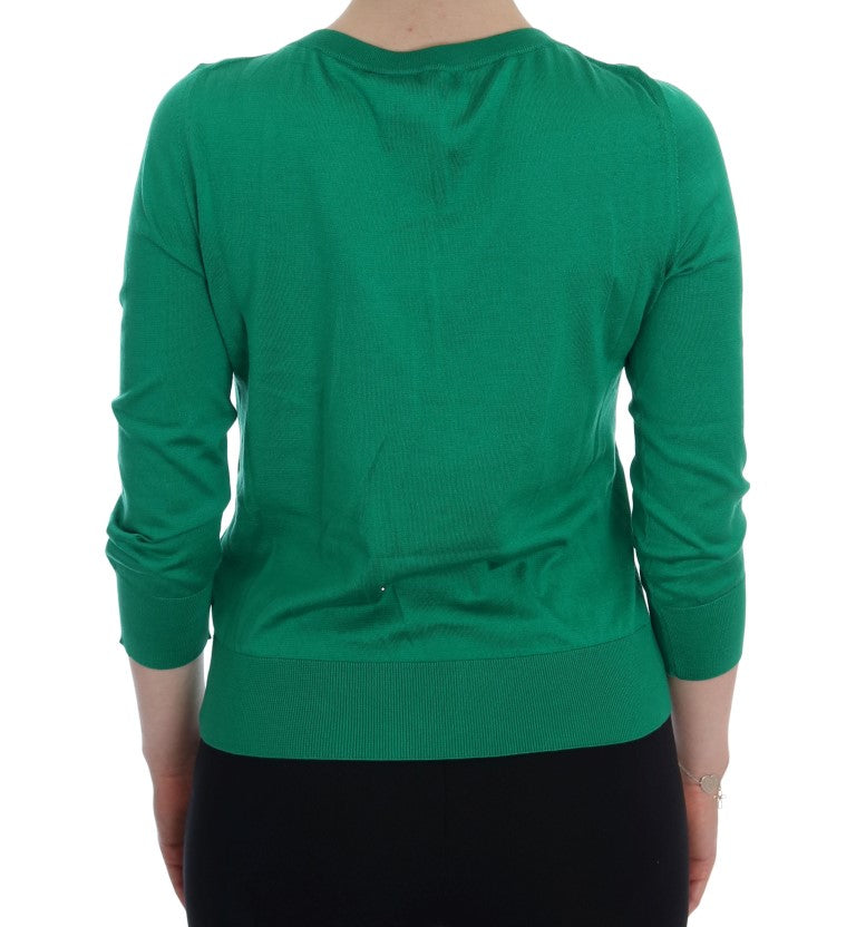 Dolce & Gabbana Grüner Seidenpullover mit Kristallbanane