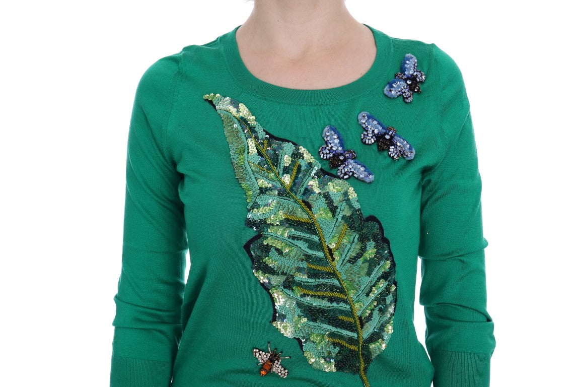 Dolce & Gabbana Grüner Seidenpullover mit Kristallbanane