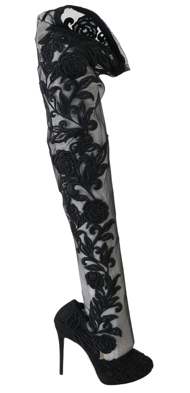 Dolce & Gabbana – Schwarze Sockenstiefel mit Blumenstickerei
