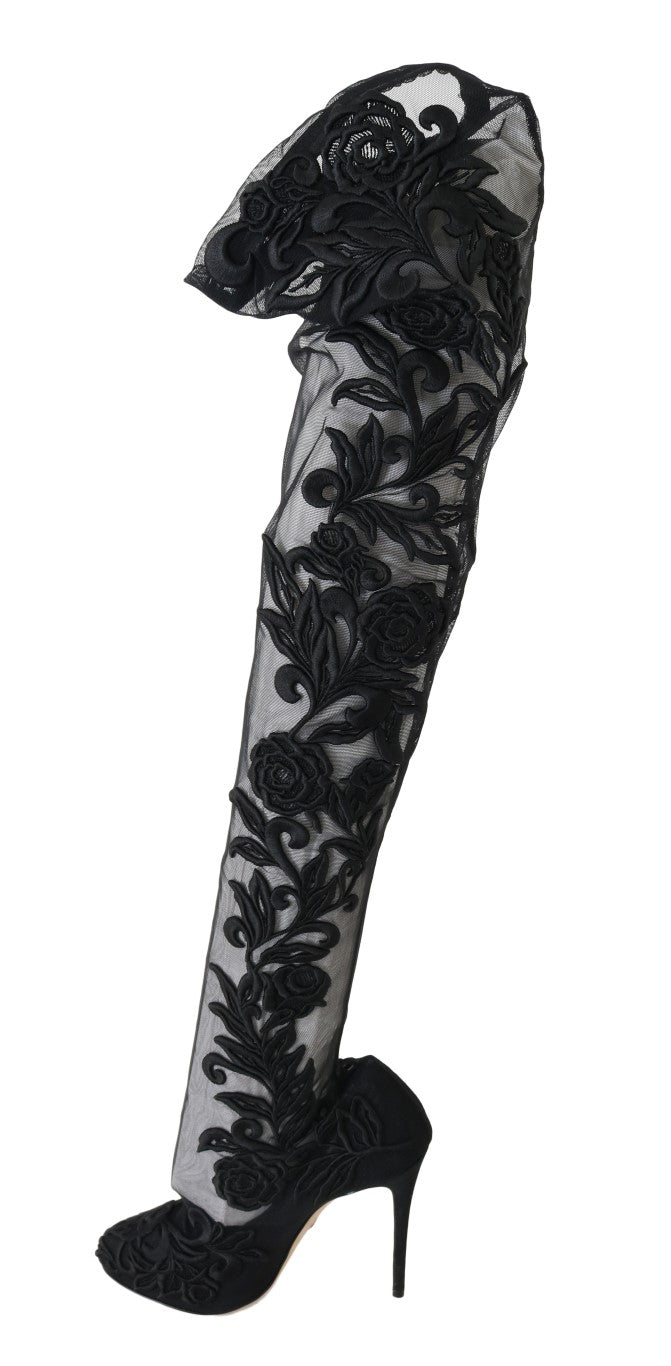Dolce & Gabbana – Schwarze Sockenstiefel mit Blumenstickerei